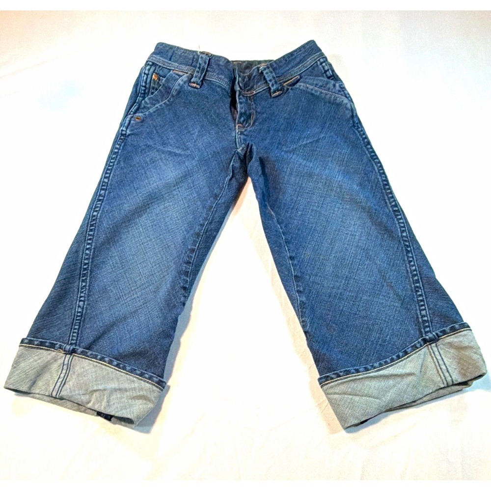 Blue Star Womens 25 Capri Medium Wash Blue Denim Cuffed Stretch Baggy 18 9002